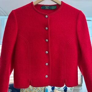 Vintage Charter Club Red Boiled Wool Cardigan Jacket Sz 12 Silver Floral Buttons